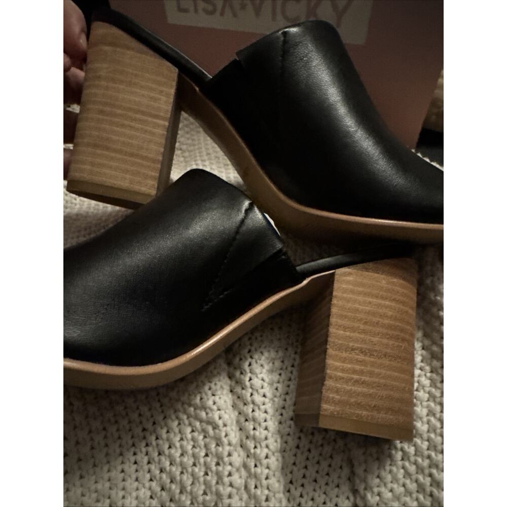 Lisa Vicky Virtue V Heels Black Sheep Nappa Leather Block Heel Mule 9 M NIB - Picture 6 of 8